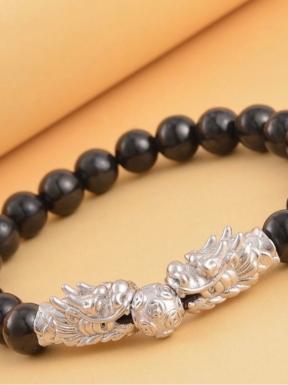 Shungite Beaded Stretch Bracelet,  Dragon Charm in Rhodium over Sterling Silver